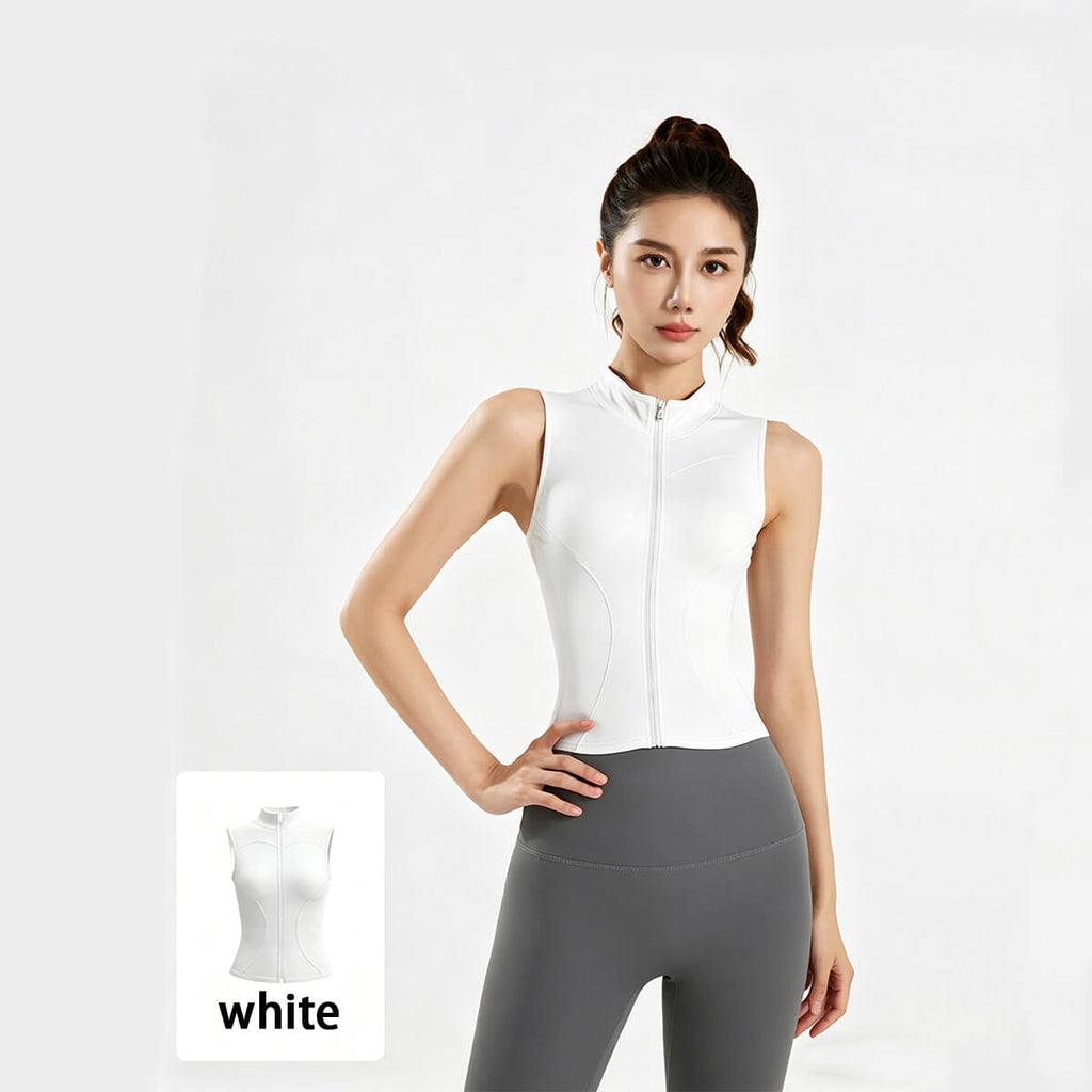 Classic white sleeveless workout jacket for women with a high neck and flattering athletic fit, perfect for layering
