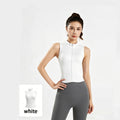Classic white sleeveless workout jacket for women with a high neck and flattering athletic fit, perfect for layering